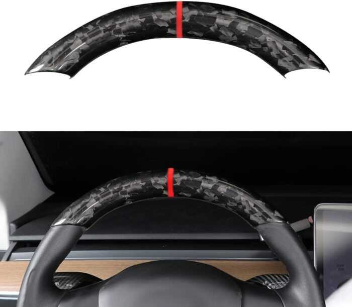 JSWAN Carbon Fiber Steering Wheel Embedded Cover for Tesla Model 3/Y Accessories Interior Modification Steering Wheel Panel Sticker (Bright Black Lower Part)