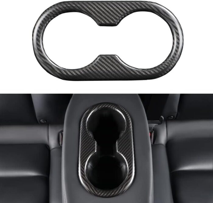 JSWAN Carbon Fiber Water Cup Holder Frame Trim Cover for Tesla Model Y Rear Drain Cup Slot Decoration Cover, Armrest Water Cup Holder Slot Frame Trim Sticker (Bright Black)