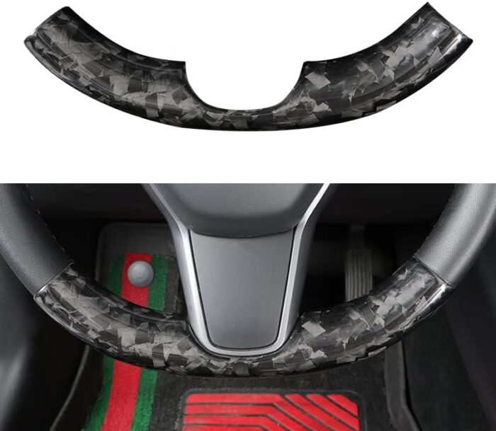 JSWAN Carbon Fiber Steering Wheel Embedded Cover for Tesla Model 3/Y Interior Modification Steering Wheel Panel Sticker Caps (Bright Forging 2 pcs)