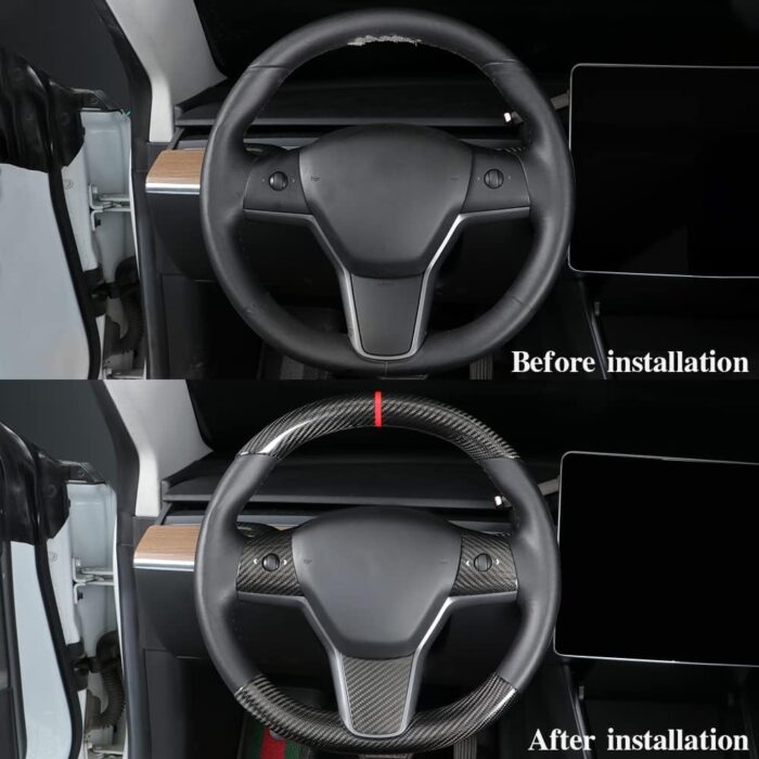 JSWAN Carbon Fiber Steering Wheel Embedded Cover for Tesla Model 3/Y Accessories Interior Modification Steering Wheel Panel Sticker (Bright Black Lower Part)