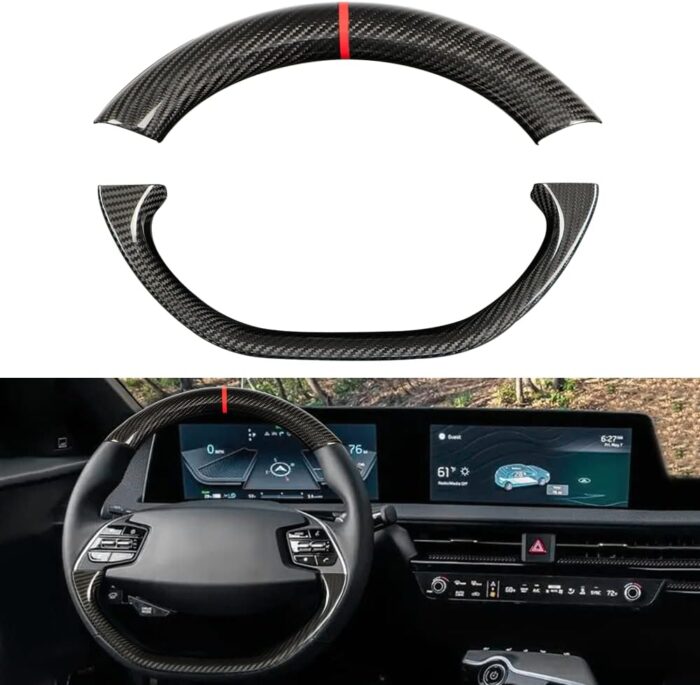 JSWAN Real Carbon Fiber Steering Wheel Cover with Red Marker for KIA EV6 GT GTLINE (2021-2024) Dry Carbon Fiber Steering Wheel Panel Cap (Bright Lower Part)