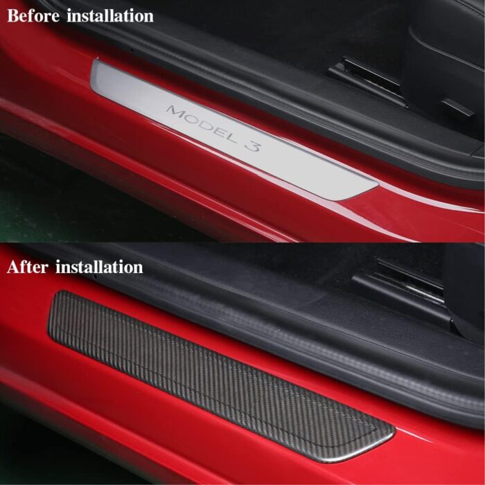 JSWAN 100% Real Carbon Fiber Car Door Pedal Cover for Model 3 Model Y 2017-2023 Car Internal Door Sill Trim Strip Sticker, for Tesla Accessories Interior Decoration Stickers (Matte Black 4 pcs)