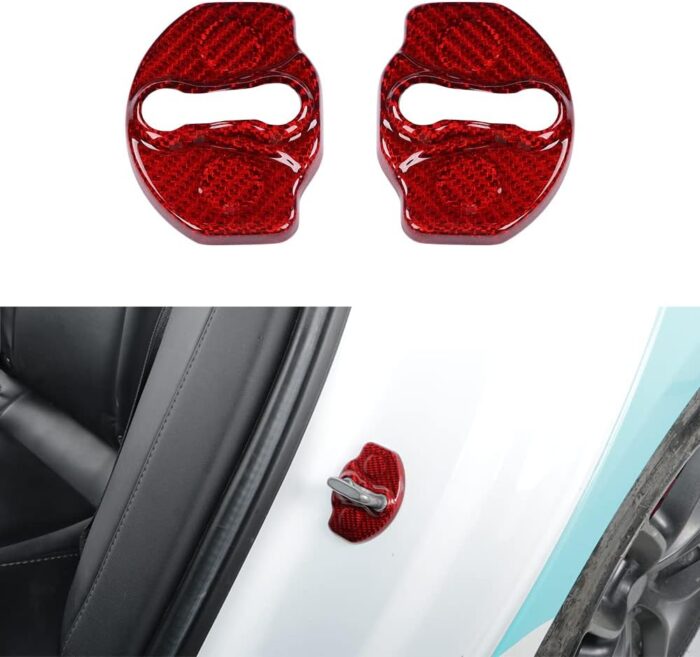 JSWAN Carbon Fiber Car Door Lock Cover for Model 3 Model Y Car Door Latches Covers Door Stopper Covers Protectors Door Guard Lock Sticker (Bright Red 4pcs)