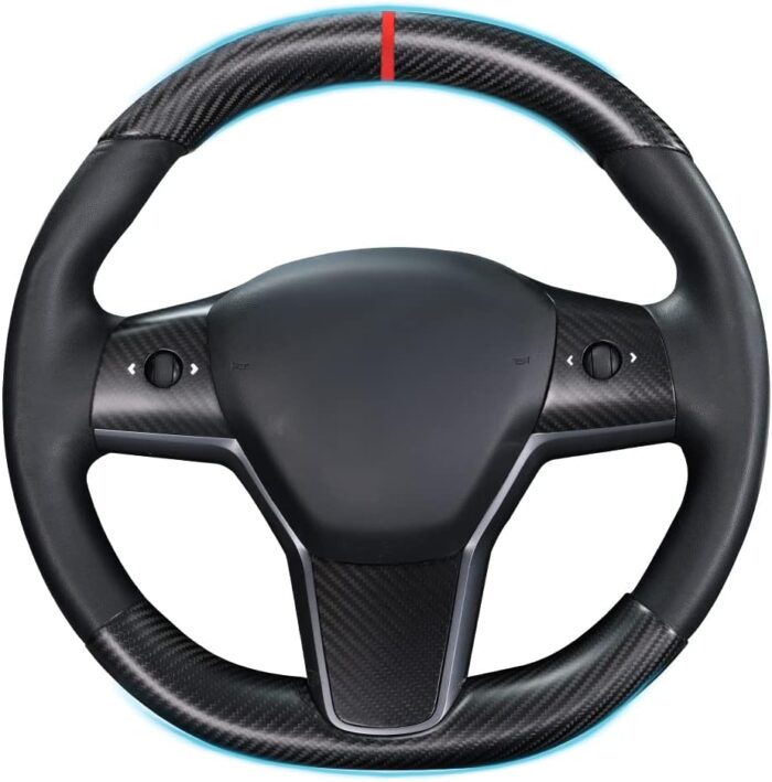 JSWAN Carbon Fiber Steering Wheel Embedded Cover for Tesla Model 3/Y Accessories Interior Modification Steering Wheel Panel Sticker (Bright Black Lower Part)