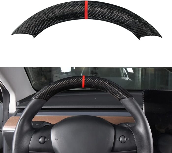 JSWAN Carbon Fiber Steering Wheel Embedded Cover for Tesla Model 3/Y Accessories Interior Modification Steering Wheel Panel Sticker (Bright Black Lower Part)