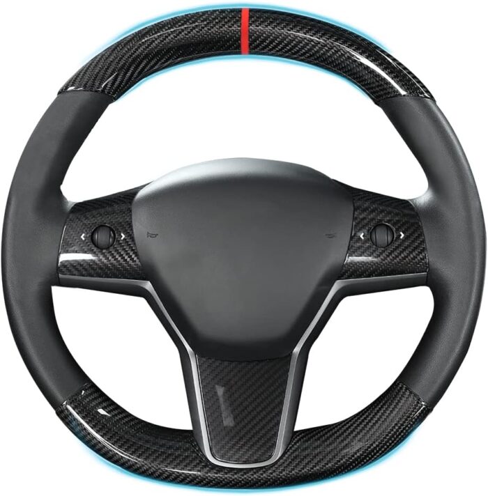 JSWAN Carbon Fiber Steering Wheel Embedded Cover for Tesla Model 3/Y Accessories Interior Modification Steering Wheel Panel Sticker (Bright Black Lower Part)