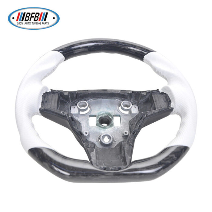 100% Real Carbon Fiber Steering Wheel Modification - For Tesla Model 3 Y - Forged Carbon Fiber White Perforated White Stitching Steering Wheel