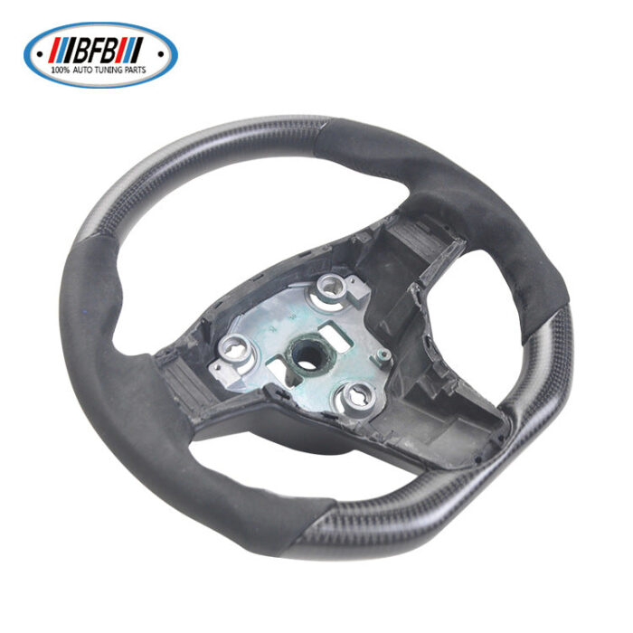 100% Real Carbon Fiber Matte Black Steering Wheel with Black Suede and Black Stitching - For Tesla Model Y - Steering Wheel Modification