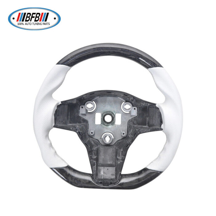 100% Real Carbon Fiber Steering Wheel Modification - For Tesla Model 3 Y - Forged Carbon Fiber White Perforated White Stitching Steering Wheel