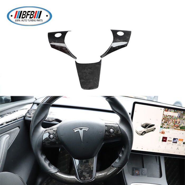 100% Real Carbon Fiber Steering Wheel Cover Sticker - For Tesla Model Y 3 - Forged Carbon Fiber Steering Wheel Cover 3-Piece