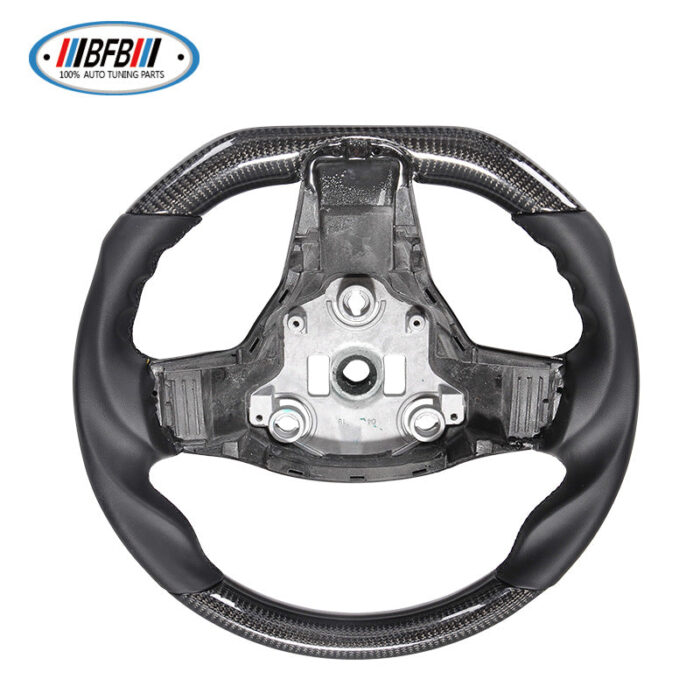 100% Real Carbon Fiber Glossy Black No-Hole Steering Wheel Cover - For Tesla Model 3 Y - Black Leather Stitching Modification