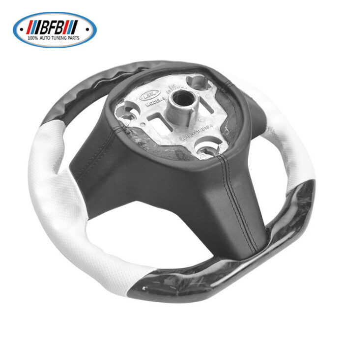 100% Real Carbon Fiber Steering Wheel Modification - For Tesla Model 3 Y - Forged Carbon Fiber White Perforated White Stitching Steering Wheel