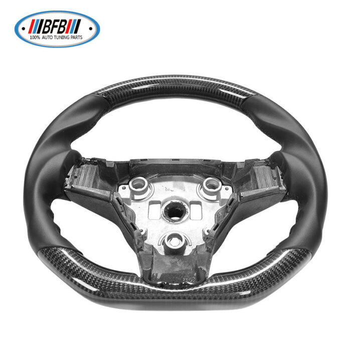 100% Real Carbon Fiber Glossy Black No-Hole Steering Wheel Cover - For Tesla Model 3 Y - Black Leather Stitching Modification