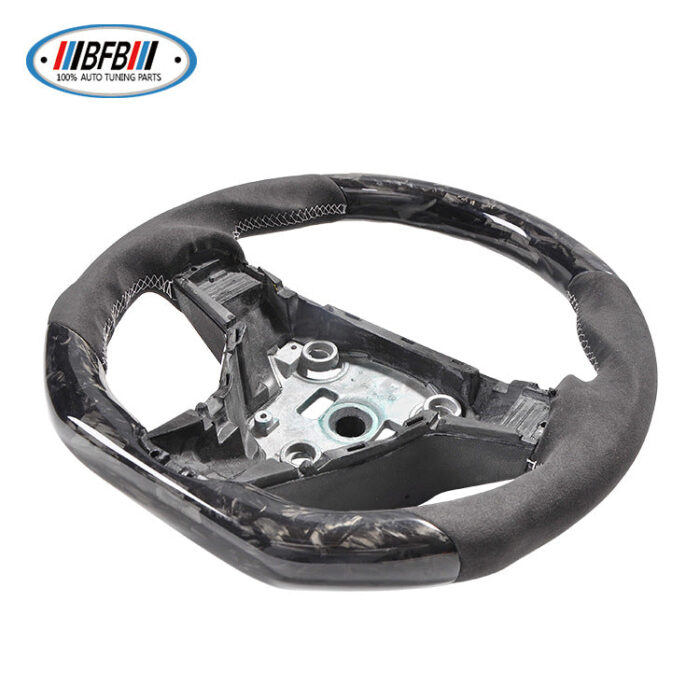 100% Real Carbon Fiber Steering Wheel Modification - For Tesla Model 3 Y - Forged Carbon Fiber Suede Leather White Stitching Steering Wheel