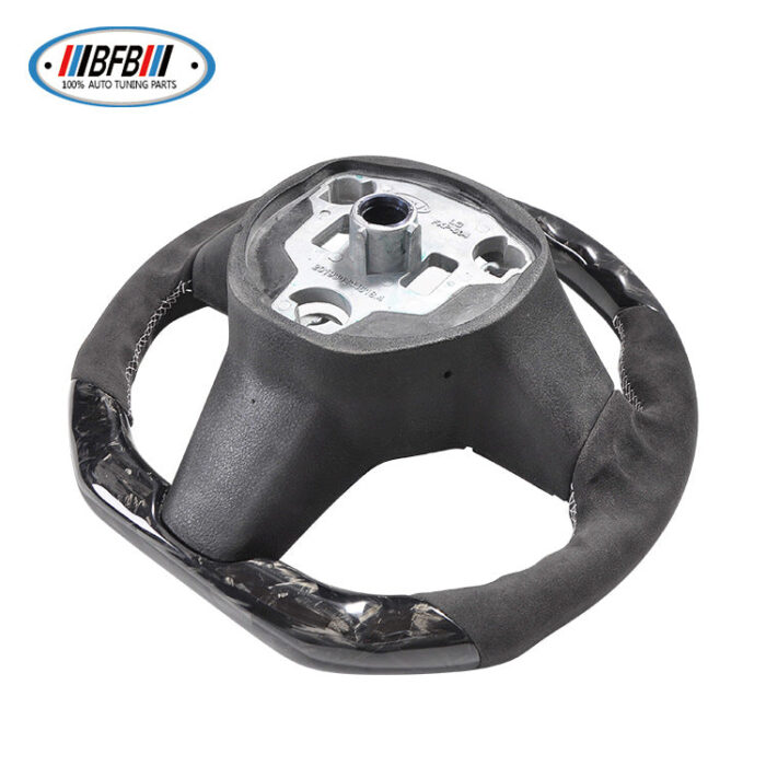 100% Real Carbon Fiber Steering Wheel Modification - For Tesla Model 3 Y - Forged Carbon Fiber Suede Leather White Stitching Steering Wheel