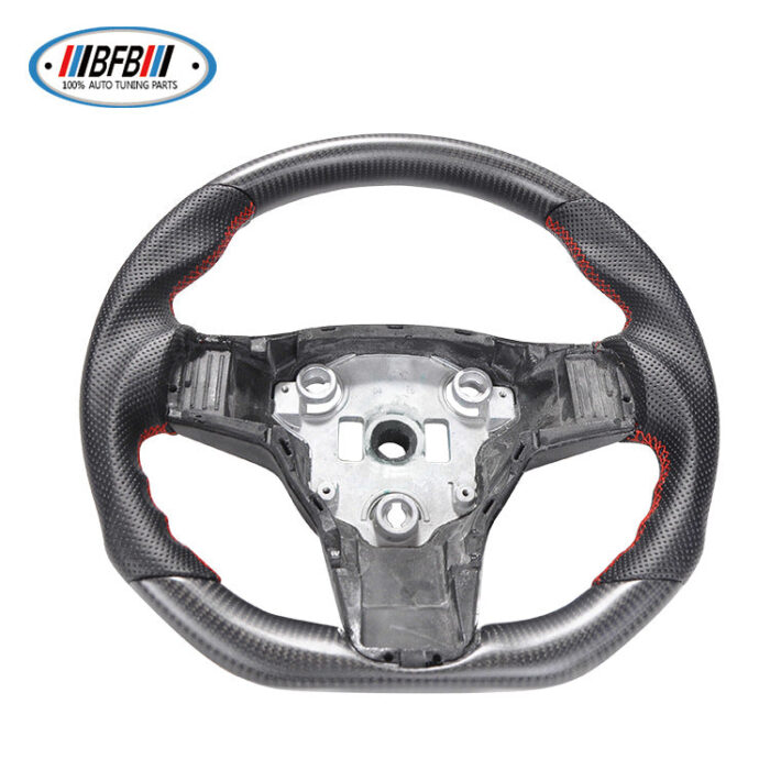 100% Real Carbon Fiber Matte Black Steering Wheel with Red Stitching and Perforations - For Tesla Model 3 Y - Modification