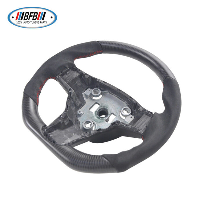 100% Real Carbon Fiber Matte Black Steering Wheel with Black Suede and Red Stitching - For Tesla Model Y - Steering Wheel Modification