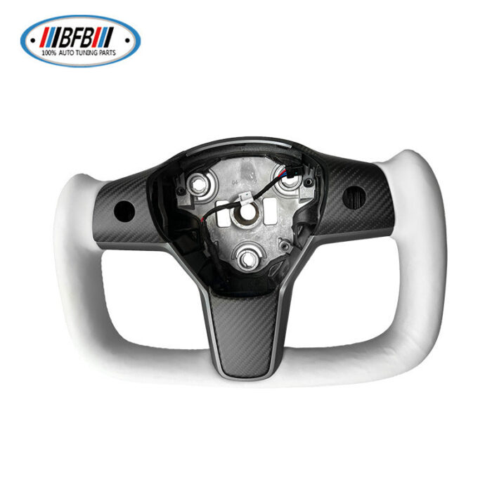 100% Real Carbon Fiber Yoke Steering Wheel - For Tesla Model Y 3 - White Alcantara Leather, Matte Carbon Fiber