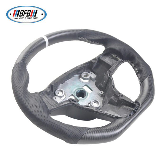 100% Real Carbon Fiber Matte Steering Wheel with Black Perforated Leather and White Stitching and White Logo - For Tesla Model Y - Modification