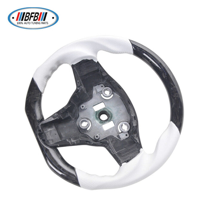 100% Real Carbon Fiber Steering Wheel Modification - For Tesla Model 3 Y - Forged Carbon Fiber White Perforated White Stitching Steering Wheel