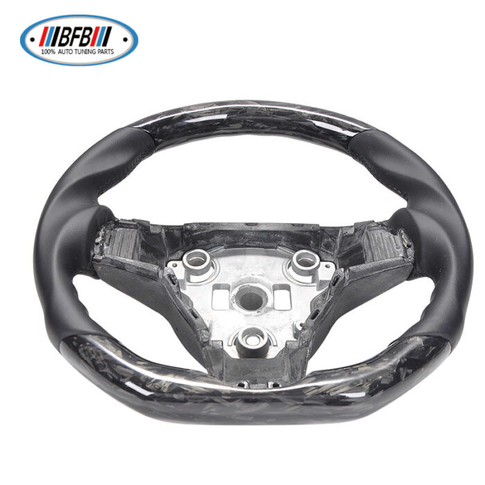 100% Real Carbon Fiber Steering Wheel Modification - For Tesla Model 3/Y - Black No-Hole Leather Black Stitching Marble Forged Pattern