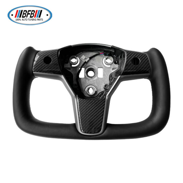 100% Real Carbon Fiber Yoke Steering Wheel - For Tesla Model Y 3 - Black Alcantara Leather, Aircraft Style