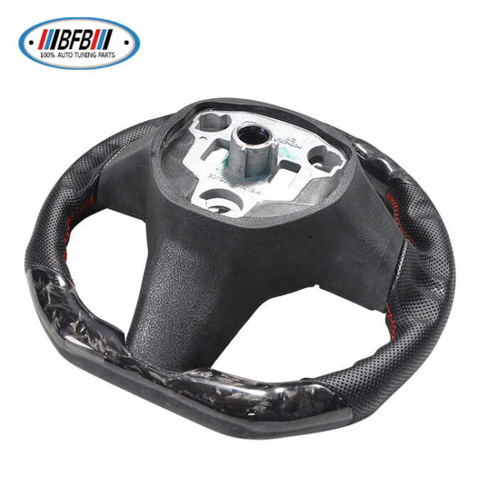 100% Real Carbon Fiber Steering Wheel Modification - For Tesla Model 3/Y - Black Perforated Leather Red Stitching Marble Forged Pattern