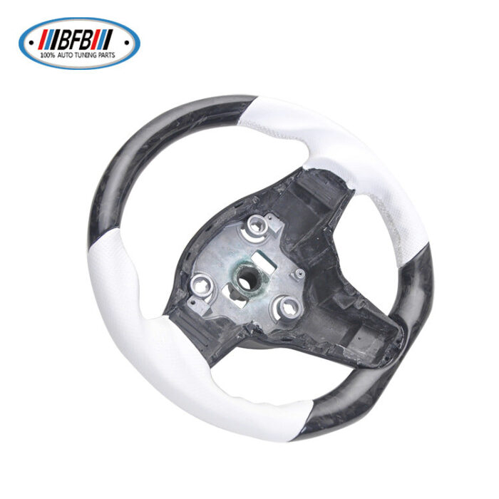 100% Real Carbon Fiber Steering Wheel Modification - For Tesla Model 3 Y - Forged Carbon Fiber White Perforated White Stitching Steering Wheel