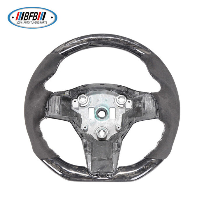 100% Real Carbon Fiber Steering Wheel Modification - For Tesla Model 3 Y - Forged Carbon Fiber Suede Leather White Stitching Steering Wheel