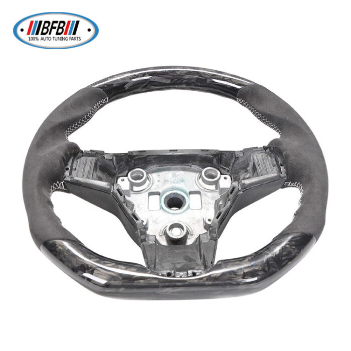 100% Real Carbon Fiber Steering Wheel Modification - For Tesla Model 3 Y - Forged Carbon Fiber Suede Leather White Stitching Steering Wheel